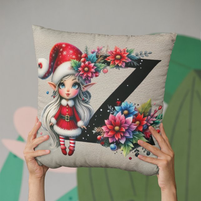 Cute Christmas Elf Festive Z Faux Tan Leather Throw Pillow (Creator Uploaded)