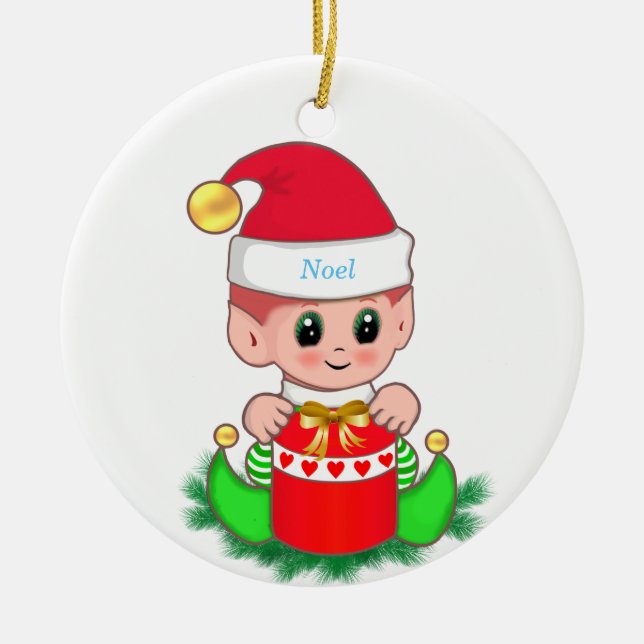 Cute Christmas Elf & Gift Box Ceramic Ornament (Front)