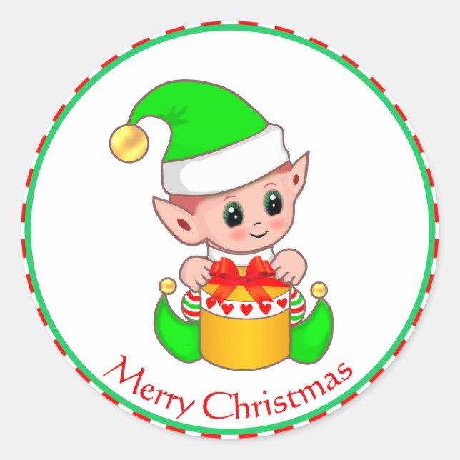 Cute Christmas Elf & Gift Box Classic Round Sticker (Front)