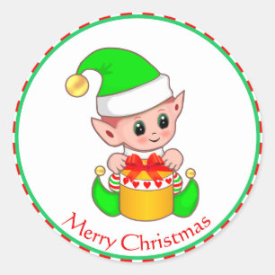 Cute Christmas Elf & Gift Box Classic Round Sticker