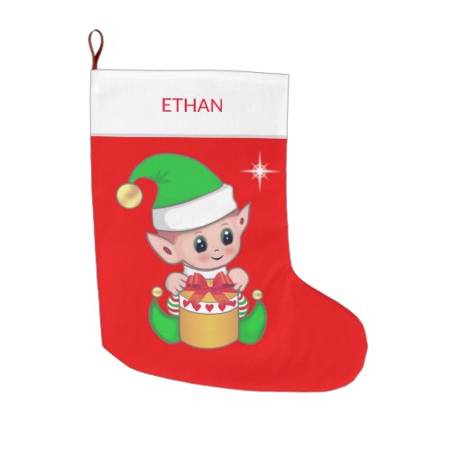 Cute Christmas elf  gift box on red Large Christmas Stocking