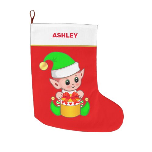 Cute Christmas Elf  Gift Box on Red  Large Christmas Stocking