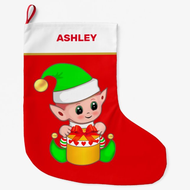 Cute Christmas Elf & Gift Box on Red  Large Christmas Stocking (Front)