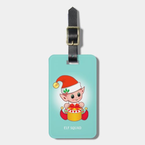Cute Christmas Elf  Gift Box on Teal Luggage Tag