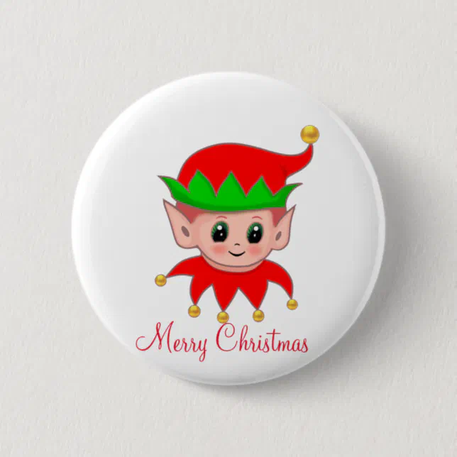 Cute Christmas elf & golden jingle bells Button | Zazzle