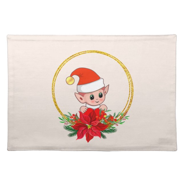Cute Christmas Elf & Golden Rings on Beige Cloth Placemat (Front)