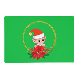 Cute Christmas Elf & Golden Rings on Green Placemat