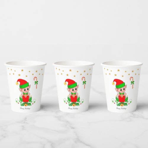 Cute Christmas Elf  Golden Star Confetti Paper Cups