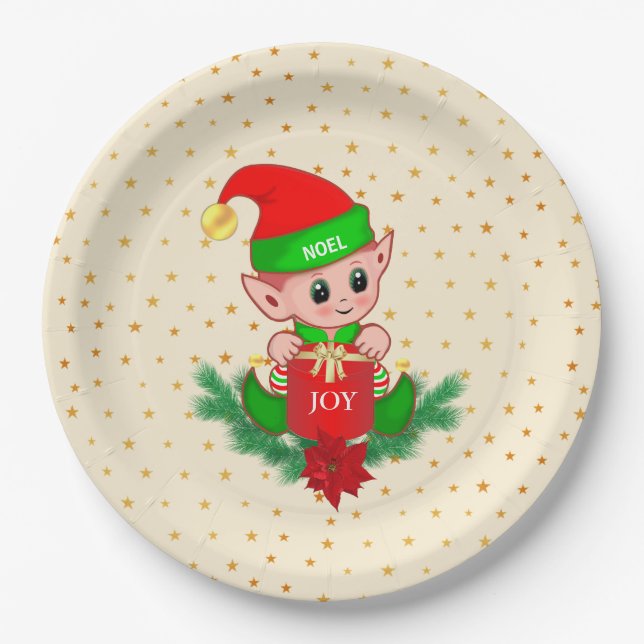 Cute Christmas Elf & Golden Stars on Light Beige Paper Plates (Front)