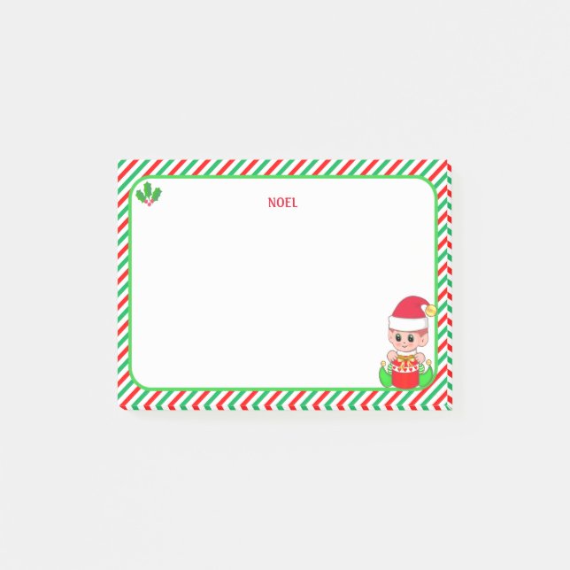 Cute Christmas Elf  & Green, Red & White Frame Post-it Notes (Front)