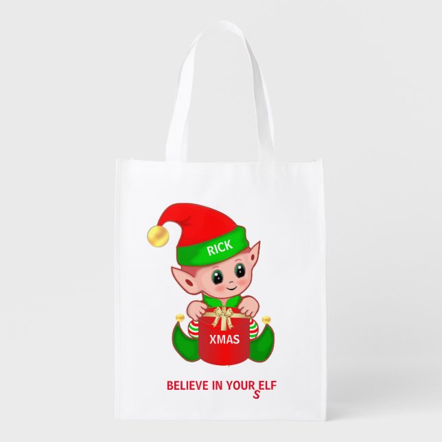Cute Christmas Elf Grocery Bag (Front)