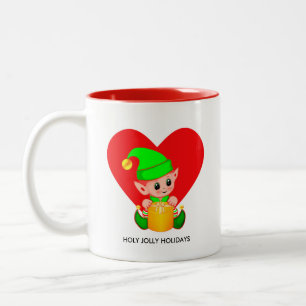 Cute Christmas Elf & Heart Two-Tone Coffee Mug