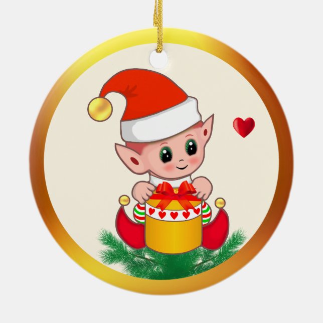 Cute Christmas Elf & Hearts Ceramic Ornament (Back)