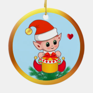 Cute Christmas Elf & Hearts on Sky Blue Ceramic Ornament