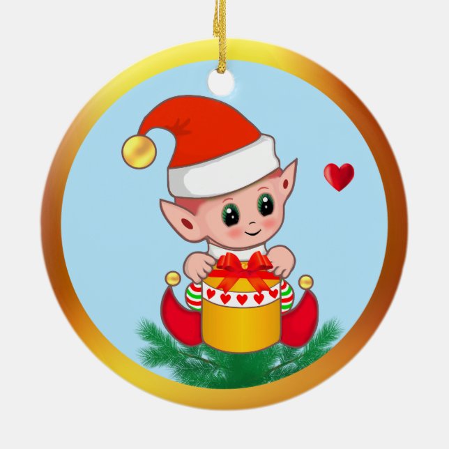 Cute Christmas Elf & Hearts on Sky Blue Ceramic Ornament (Back)