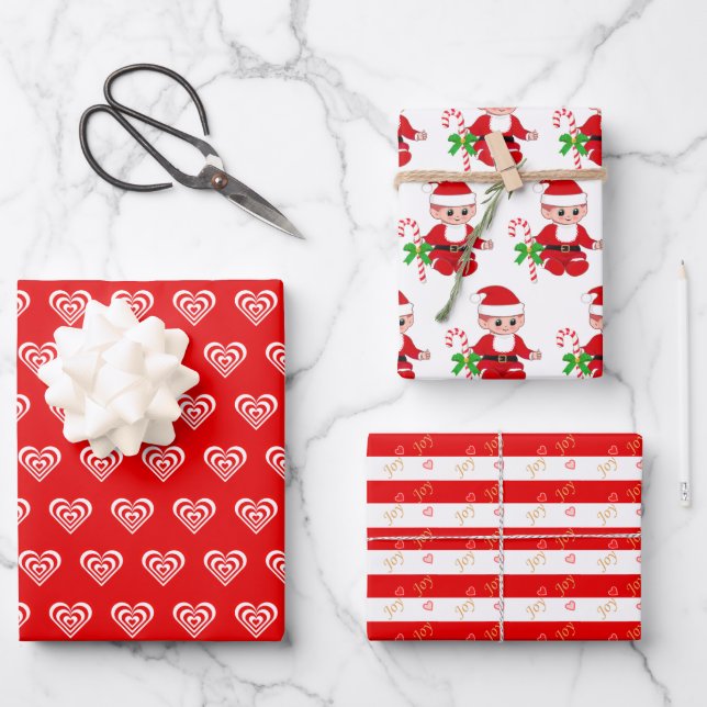 Cute Christmas Elf, Hearts & Red and White Stripes Wrapping Paper Sheets (Front)