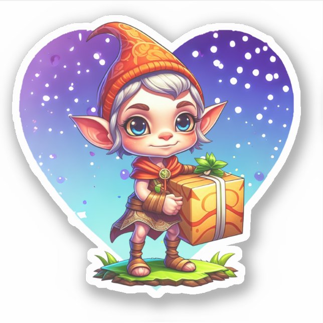 Cute Christmas Elf Holding Gift Sticker (Front)