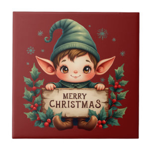 Cute Christmas Elf Holding Merry Sign Ceramic Tile