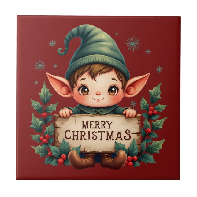 Cute Christmas Elf Holding Merry Sign Ceramic Tile (Front)