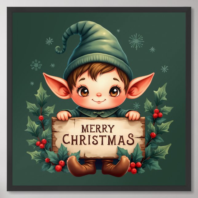 Cute Christmas Elf Holding Merry Sign Green (Framed Front)