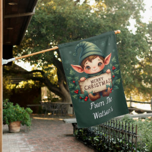 Cute Christmas Elf Holding Merry Sign Green