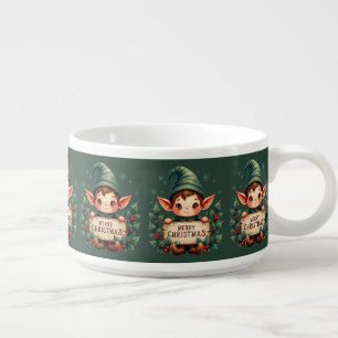 Cute Christmas Elf Holding Merry Sign Green Bowl