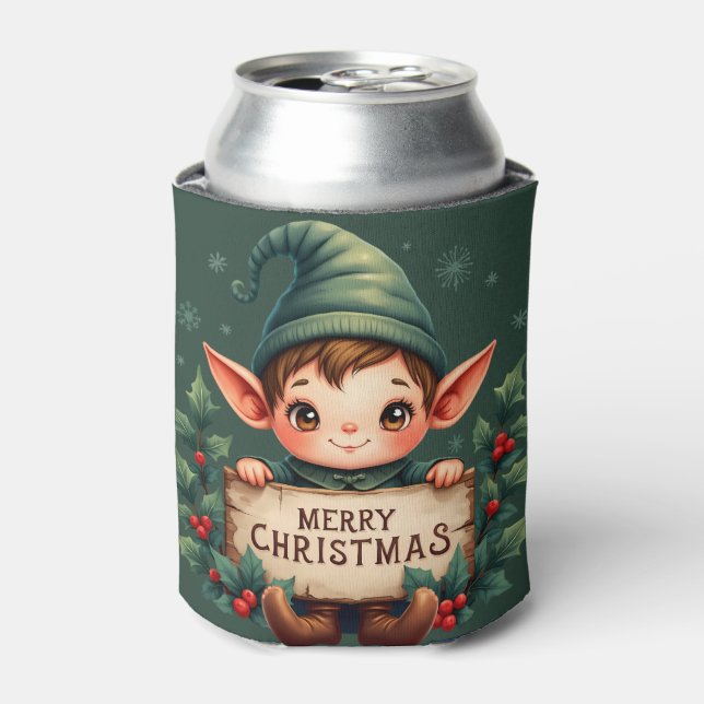 Cute Christmas Elf Holding Merry Sign Green Can Cooler (Can Front)