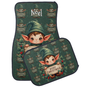 Cute Christmas Elf Holding Merry Sign Green Car Floor Mat