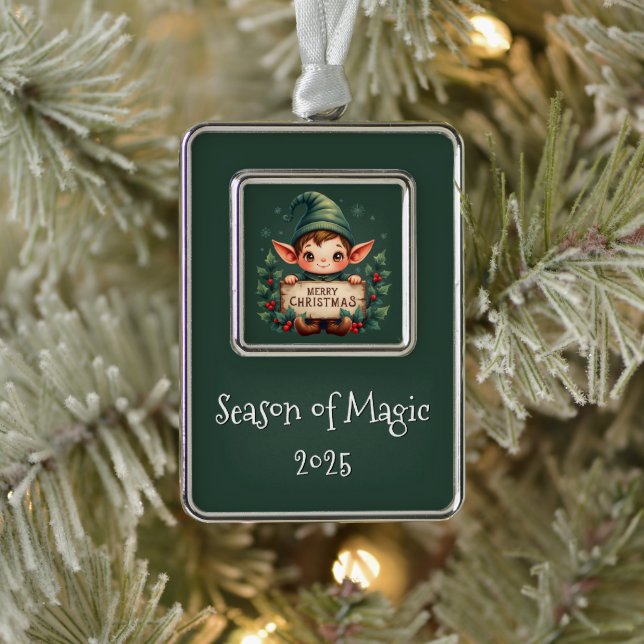 Cute Christmas Elf Holding Merry Sign Green Christmas Ornament (Tree)