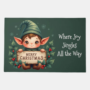 Cute Christmas Elf Holding Merry Sign Green Doormat