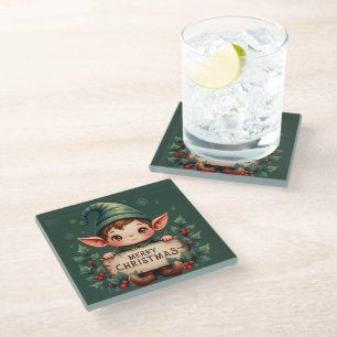 Cute Christmas Elf Holding Merry Sign Green Glass Coaster