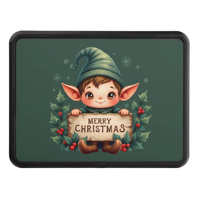 Cute Christmas Elf Holding Merry Sign Green Hitch Cover (Front)