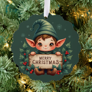 Cute Christmas Elf Holding Merry Sign Green Ornament Card