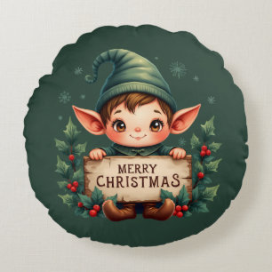 Cute Christmas Elf Holding Merry Sign Green Round Pillow