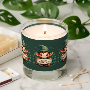 Cute Christmas Elf Holding Merry Sign Green Scented Candle