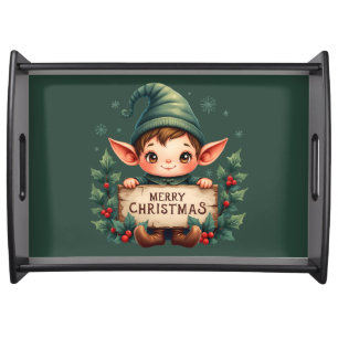 Cute Christmas Elf Holding Merry Sign Green Serving Tray