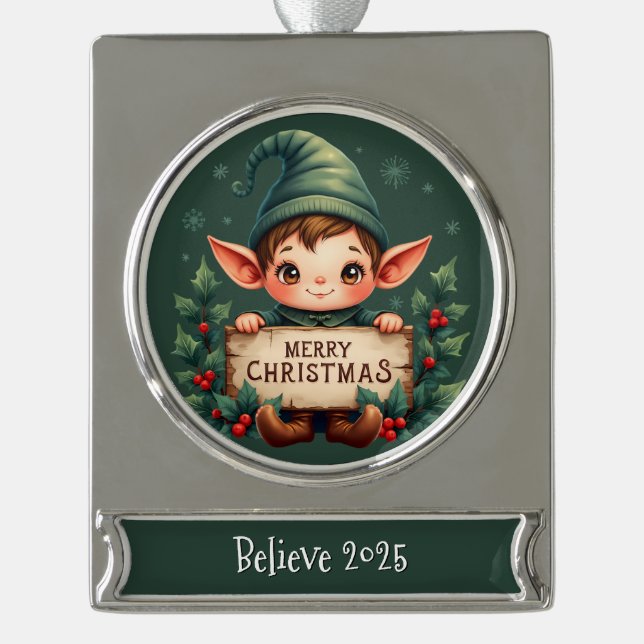 Cute Christmas Elf Holding Merry Sign Green Silver Plated Banner Ornament (Front)