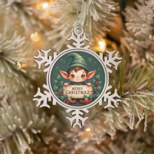 Cute Christmas Elf Holding Merry Sign Green Snowflake Pewter Christmas Ornament