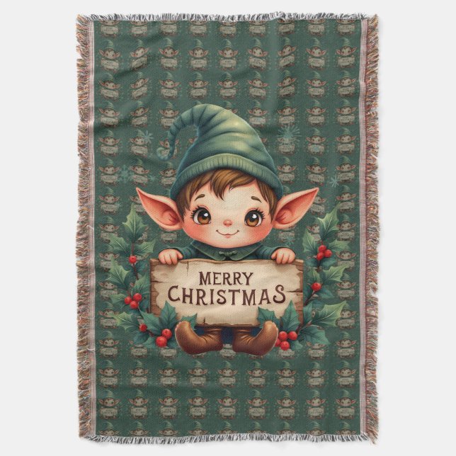 Cute Christmas Elf Holding Merry Sign Green Throw Blanket (Front Vertical)