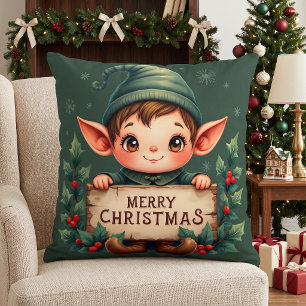 Cute Christmas Elf Holding Merry Sign Green Throw Pillow