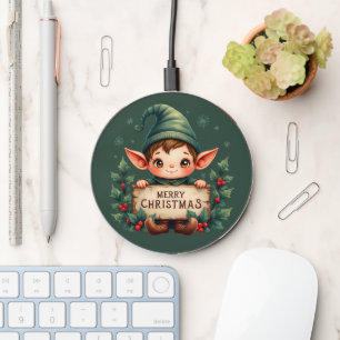 Cute Christmas Elf Holding Merry Sign Green Wireless Charger