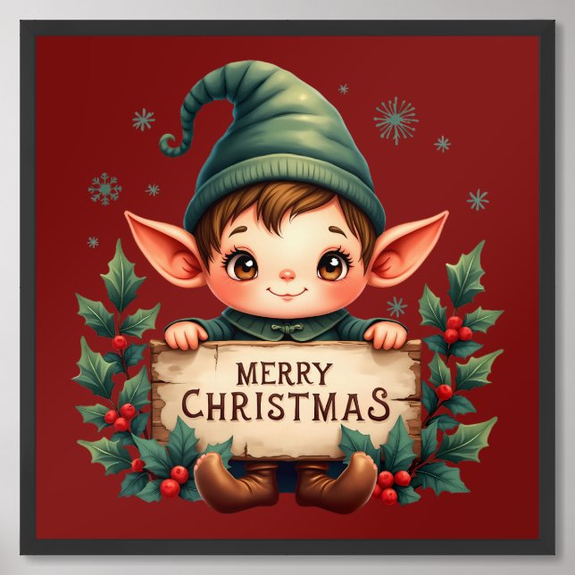 Cute Christmas Elf Holding Merry Sign Red (Framed Front)