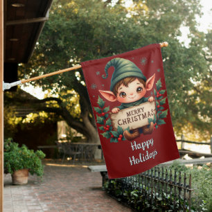 Cute Christmas Elf Holding Merry Sign Red
