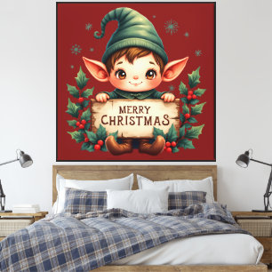 Cute Christmas Elf Holding Merry Sign Red