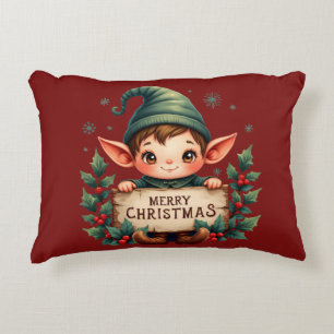 Cute Christmas Elf Holding Merry Sign Red Accent Pillow