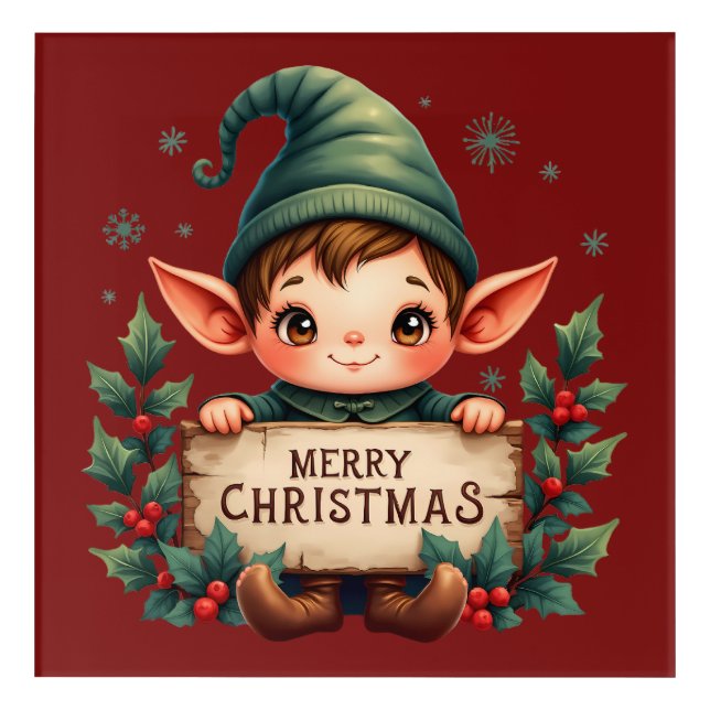 Cute Christmas Elf Holding Merry Sign Red Acrylic Print (Front)