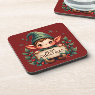 Cute Christmas Elf Holding Merry Sign Red Beverage Coaster