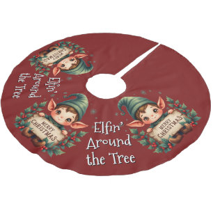 Cute Christmas Elf Holding Merry Sign Red Brushed Polyester Tree Skirt