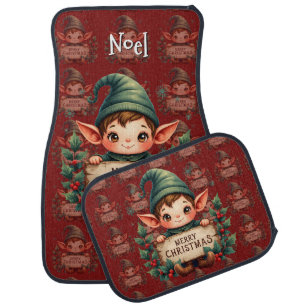 Cute Christmas Elf Holding Merry Sign Red Car Floor Mat