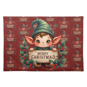 Cute Christmas Elf Holding Merry Sign Red Cloth Placemat